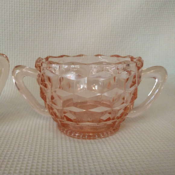 Vintage Depression Era Jeannette Creamer n Sugar Bowl in "Cube Pink" - Picture 6 of 14
